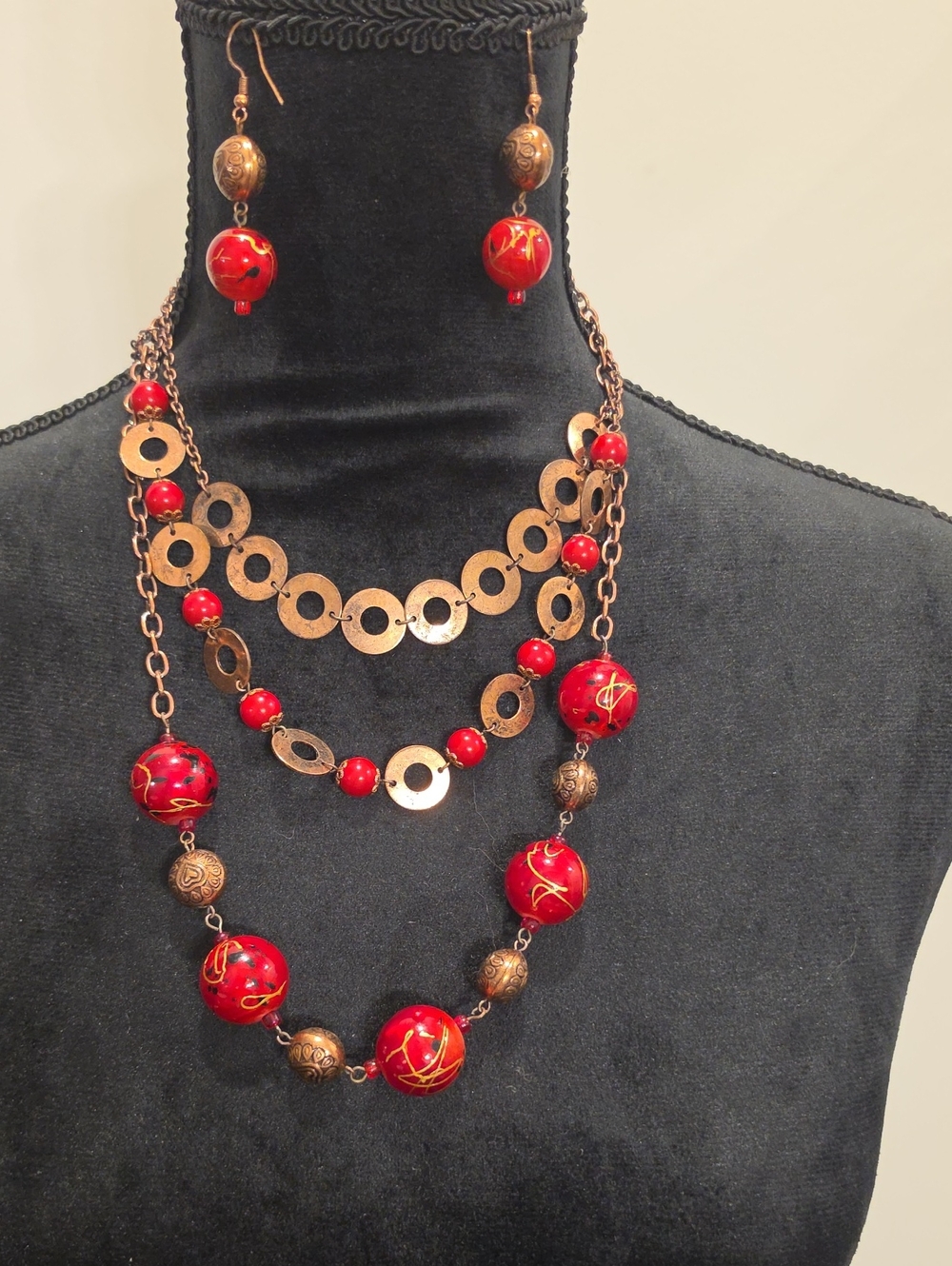 Red Beaded Multi-Strand Statement Necklace & Earring Set